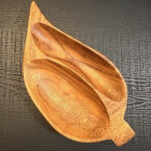 Vintage Hand Carved Wood Divided Tear Drop Dish Bowl Large Teak MCM Teardrop 60s